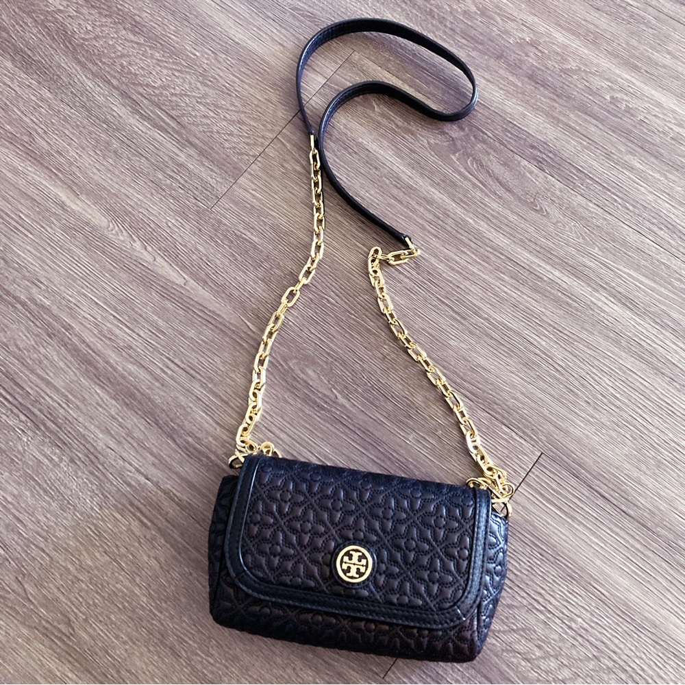 Tory Burch Leather Black Bryant Quilted Small Cross-body Bag / Wallet On Chain